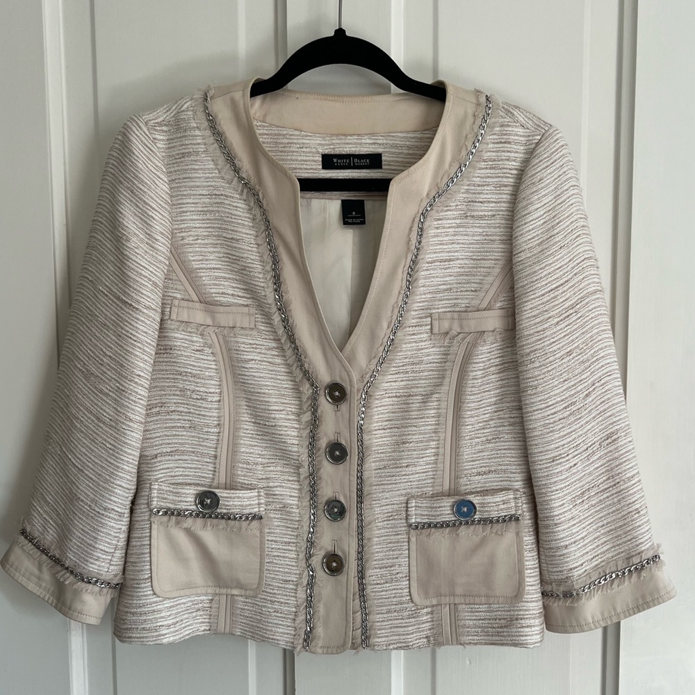 White House Black Market Cream Blazer Silver Chain Cropped Medium Sz 8